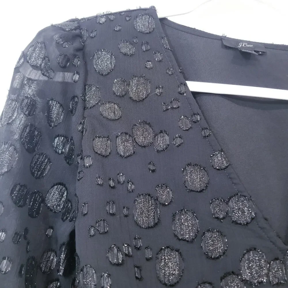 J. Crew Black Polka Metallic Dot Jacquard Blouse V-Neckline Tie Waist